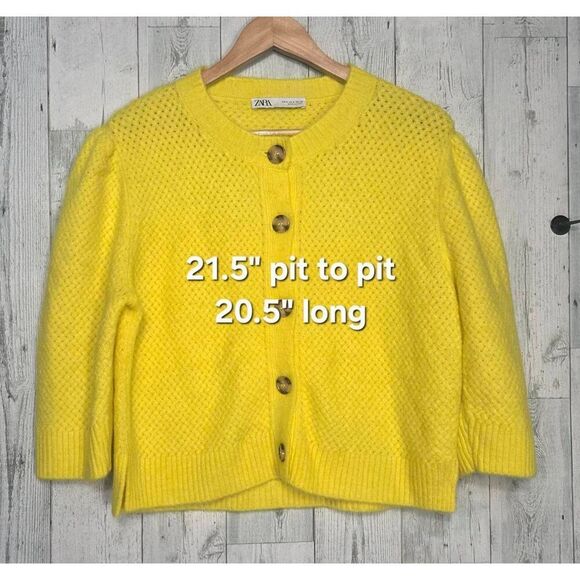 Zara Open Knit Puff Sleeve 6% Wool  Cabincore Cottagecore Yellow Cardigan Sz. S - Picture 3 of 8